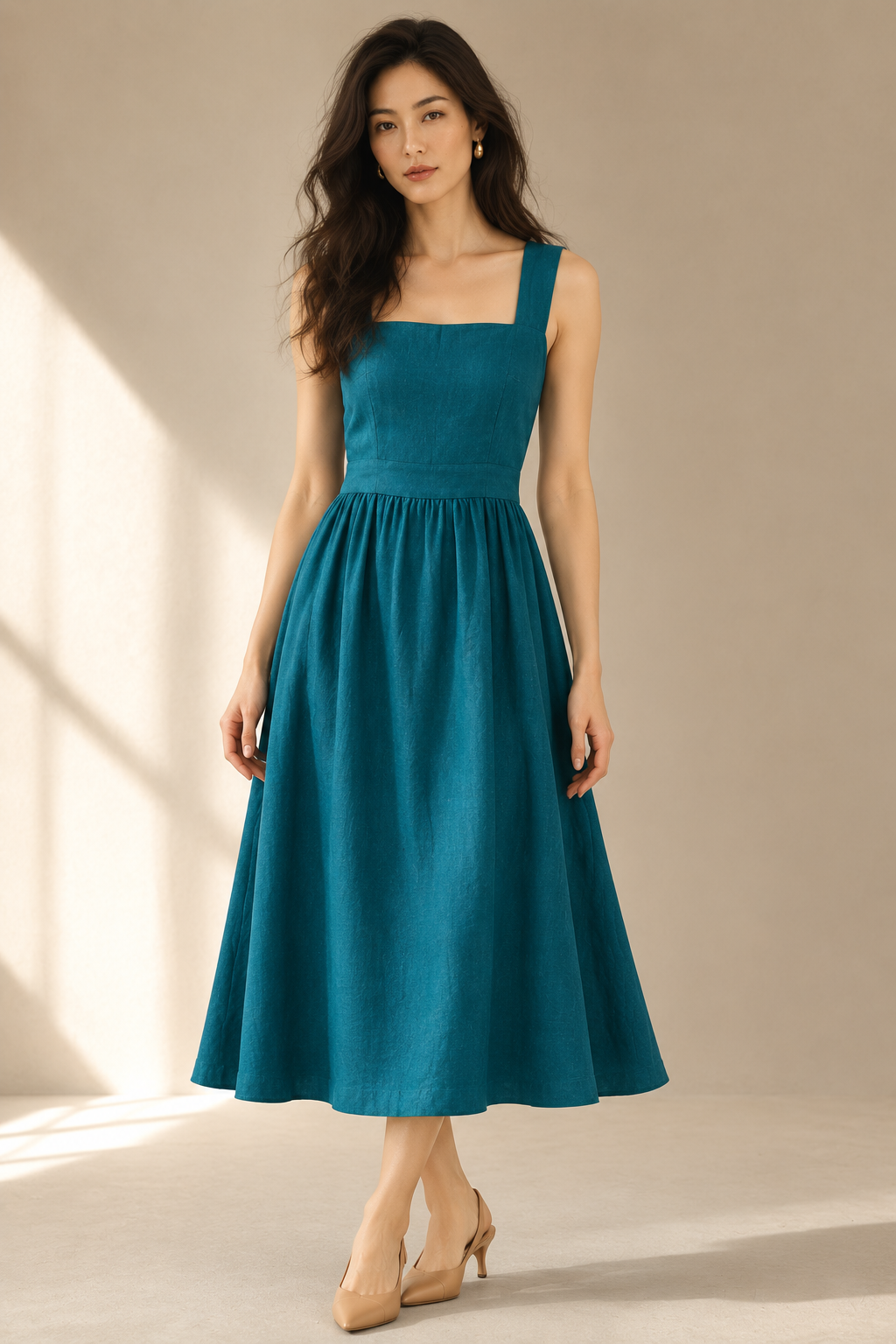 Teal linen a-line midi dress, full front view, classic V neckline, gathered waist
