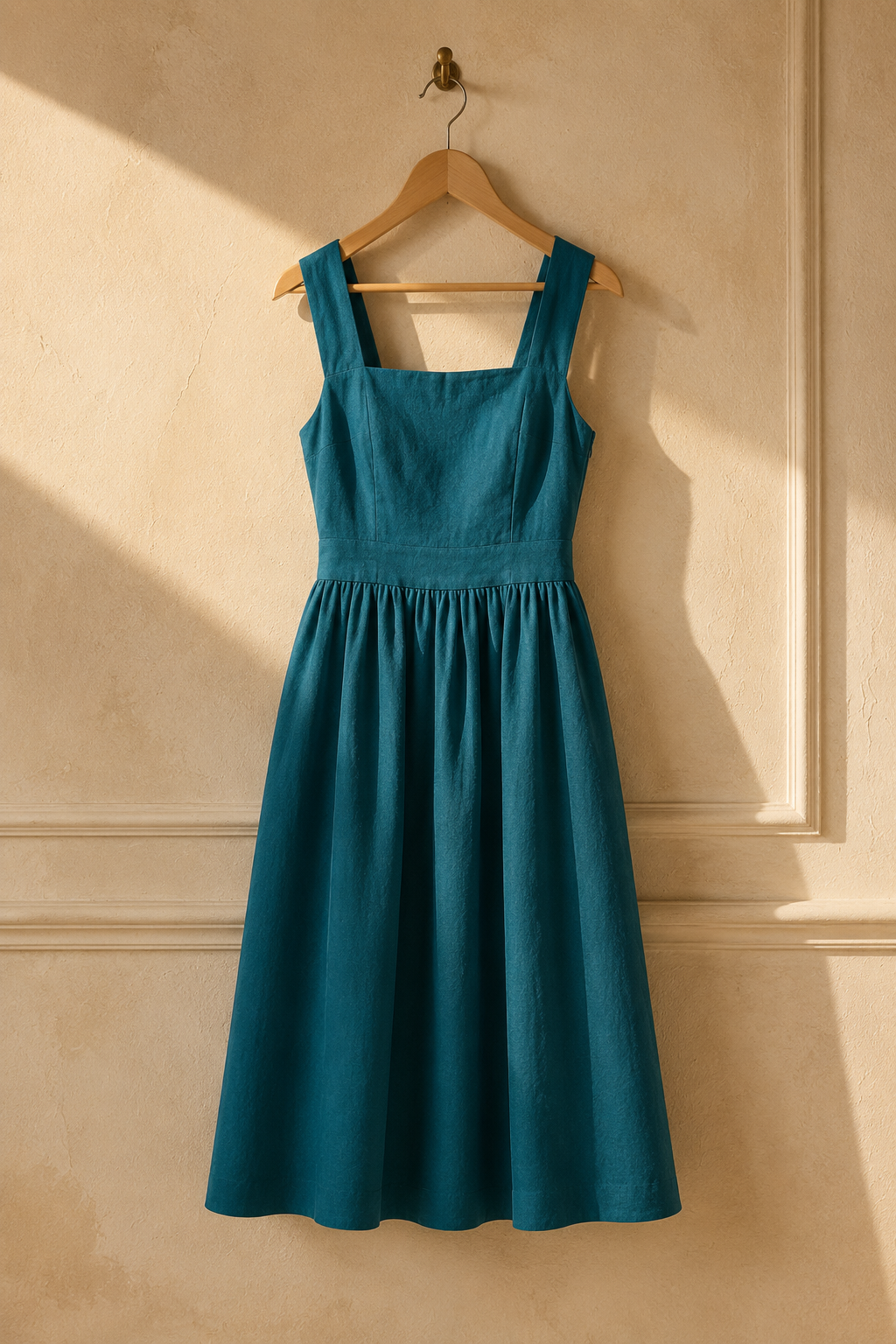Teal linen a-line midi dress, hanging on wooden hanger against plaster wall