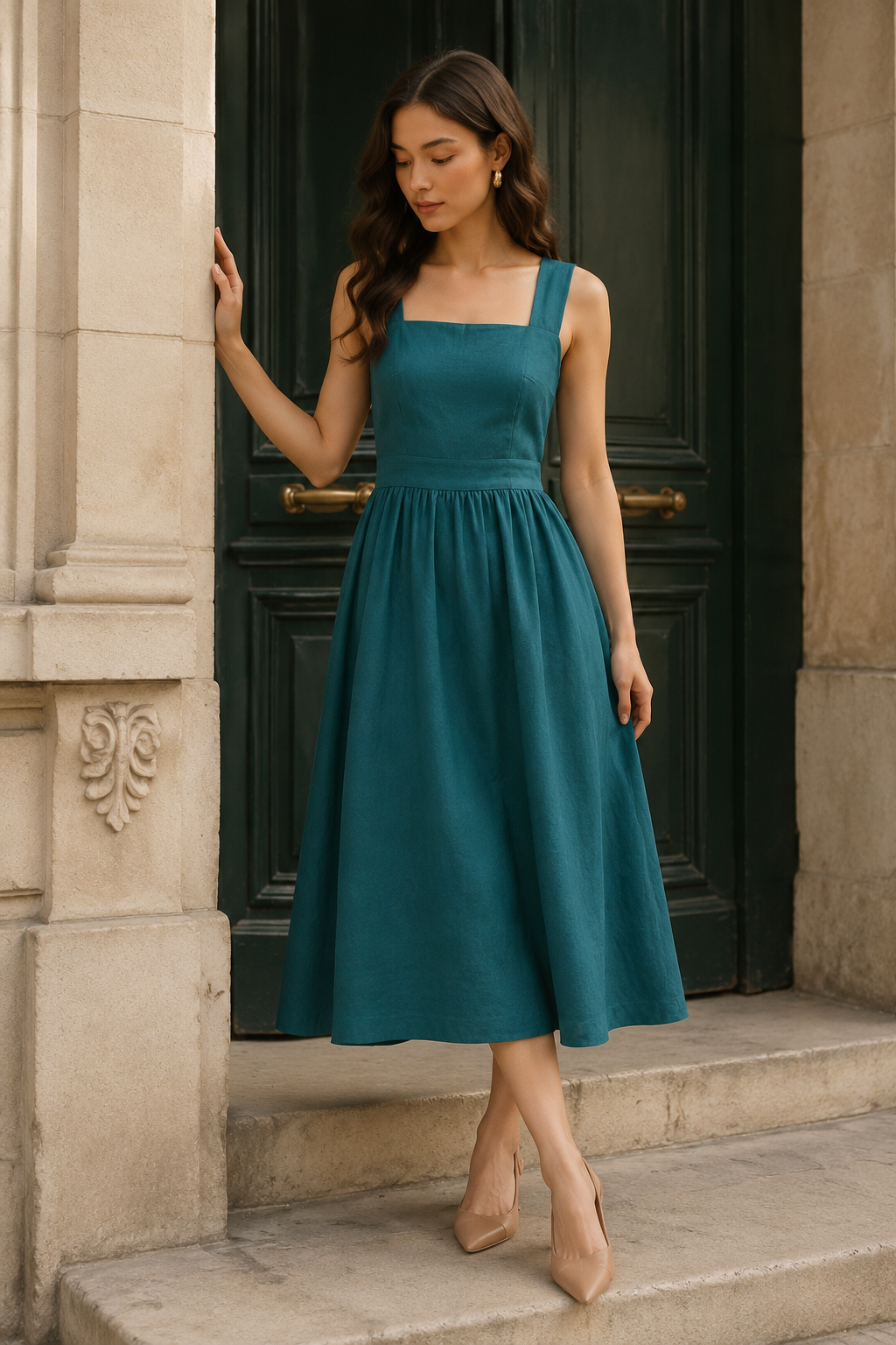 Teal linen a-line midi dress, front view, deep V back, relaxed skirt