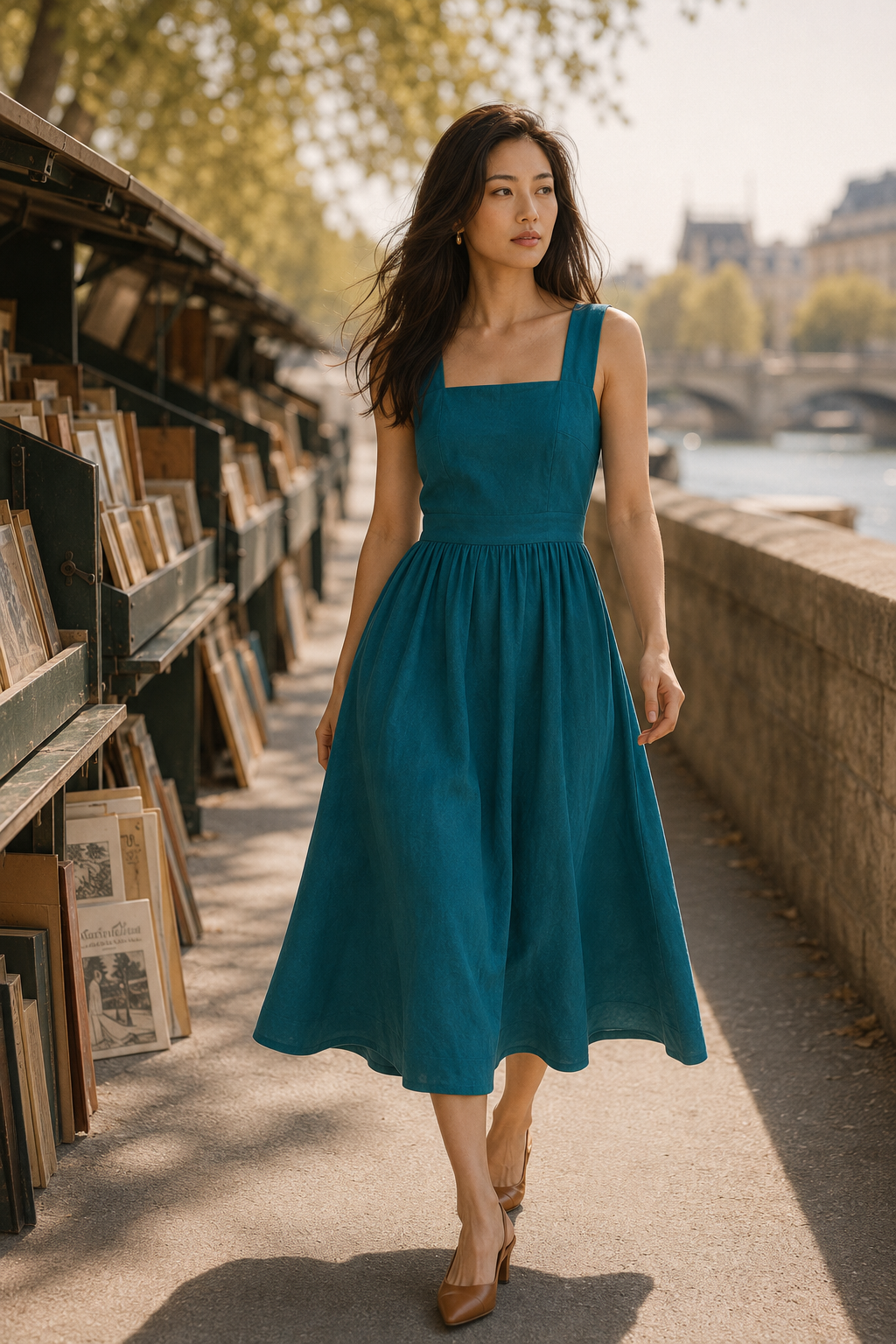 Teal linen a-line midi dress, lifestyle, quiet afternoon by the window