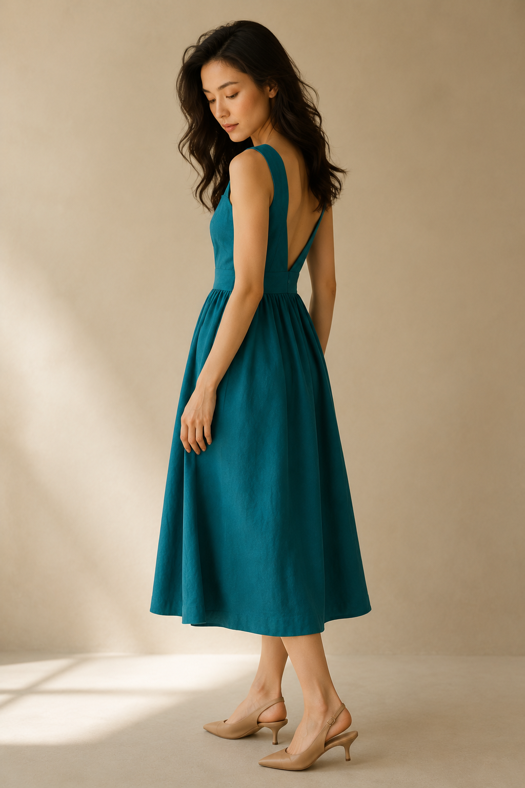 Teal linen a-line midi dress, three-quarter view, flowing skirt, defined waist