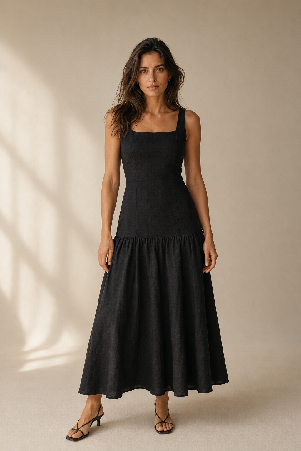 Black linen a-line midi dress, full front view, smooth bodice and flowing skirt