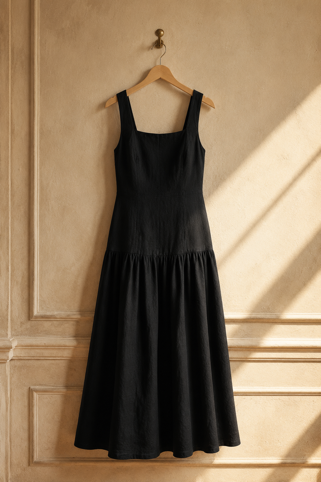 Black linen a-line midi dress, hanging on wooden hanger against plaster wall