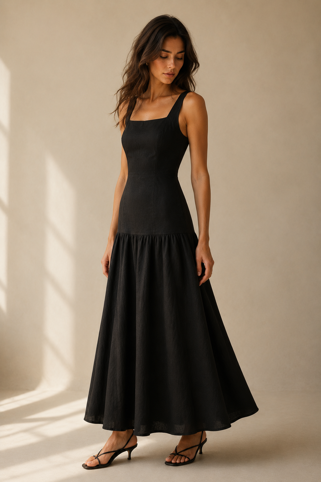 Black linen a-line midi dress, three-quarter view, a-line silhouette with flowing drape
