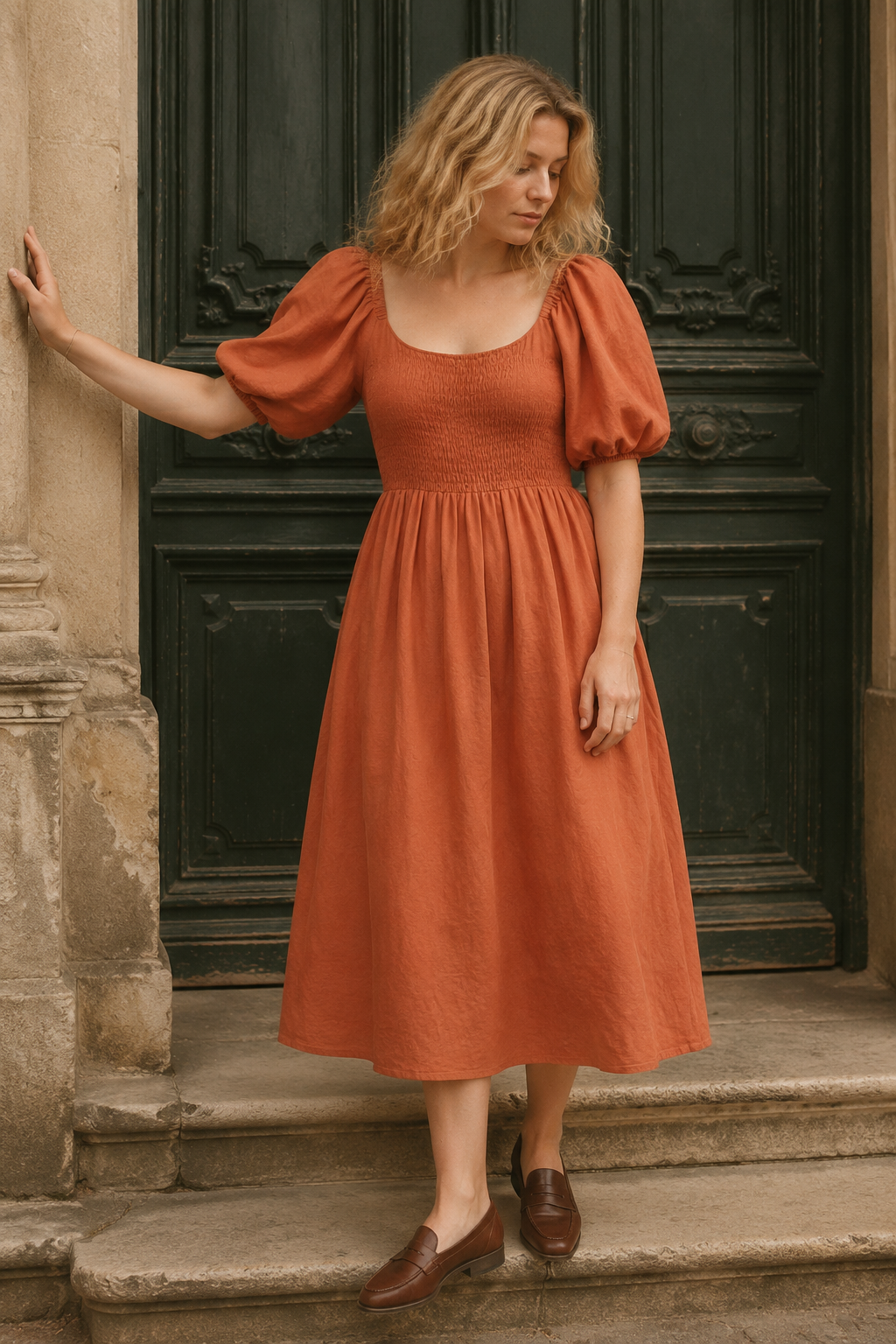 Rust orange linen a-line midi dress, front view, square neckline, smocked bodice, puff sleeves