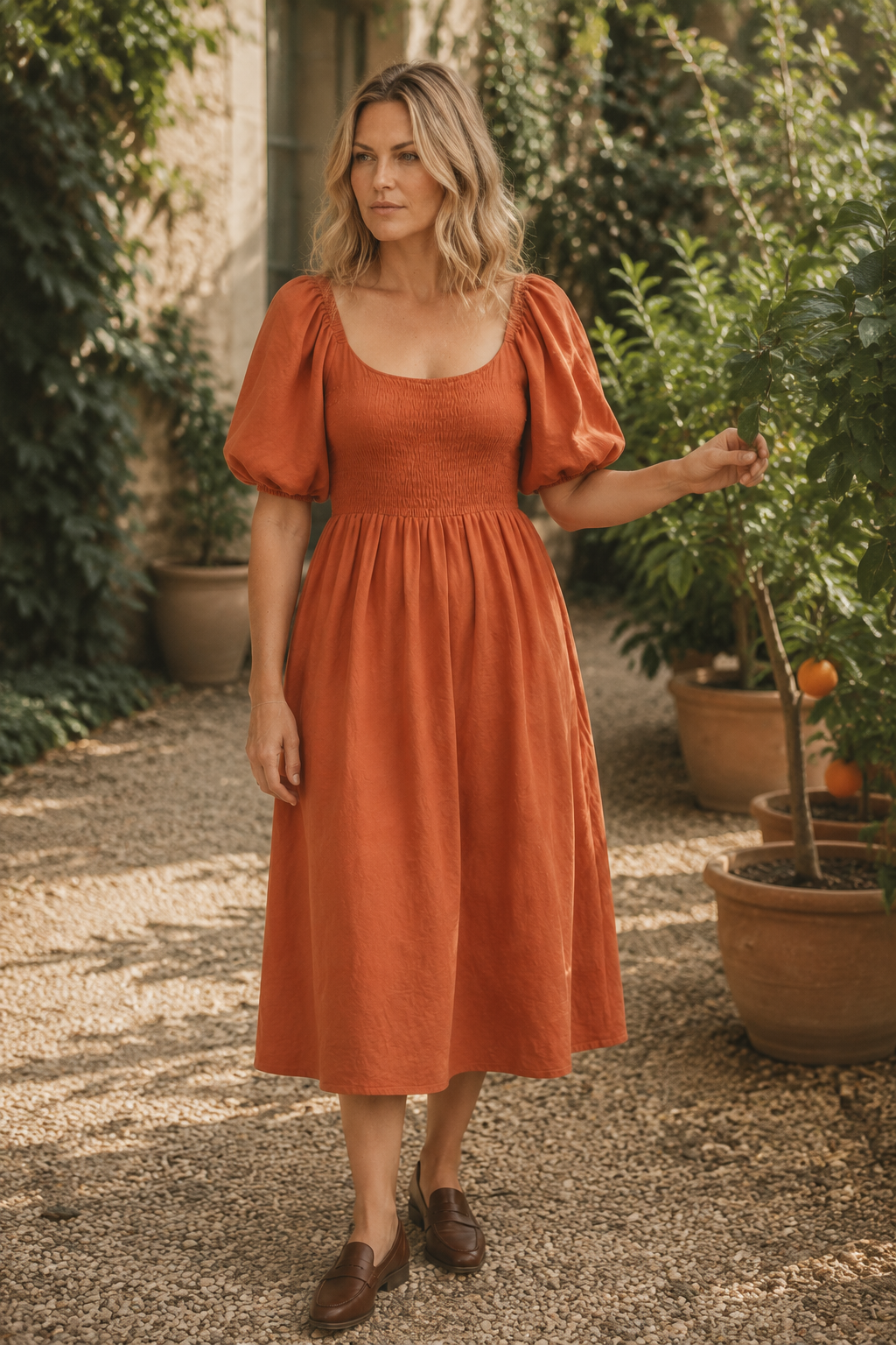 Rust orange linen a-line midi dress, lifestyle, quiet moment in soft light