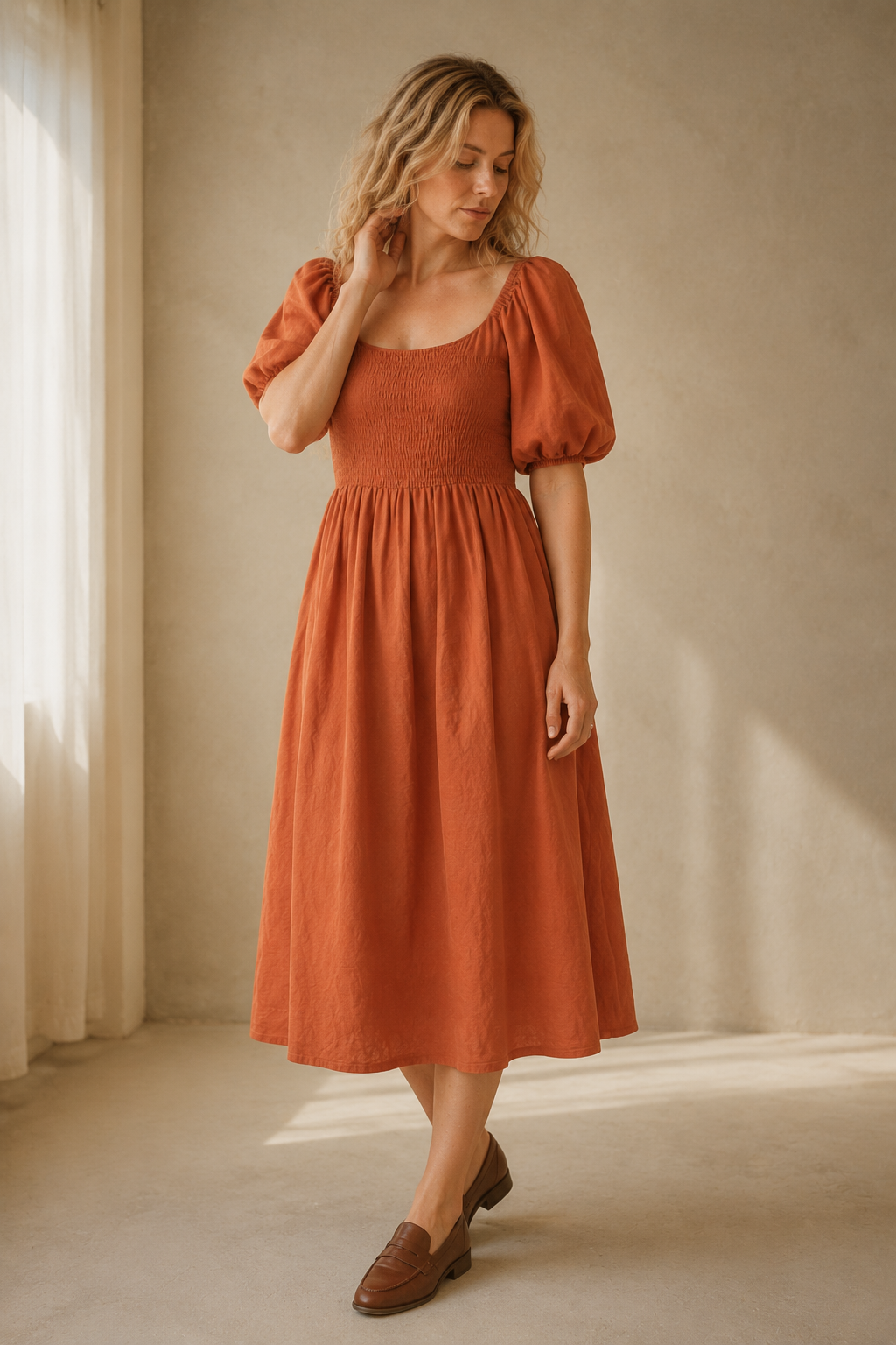 Rust orange linen a-line midi dress, three-quarter view, puff sleeves and flowing skirt