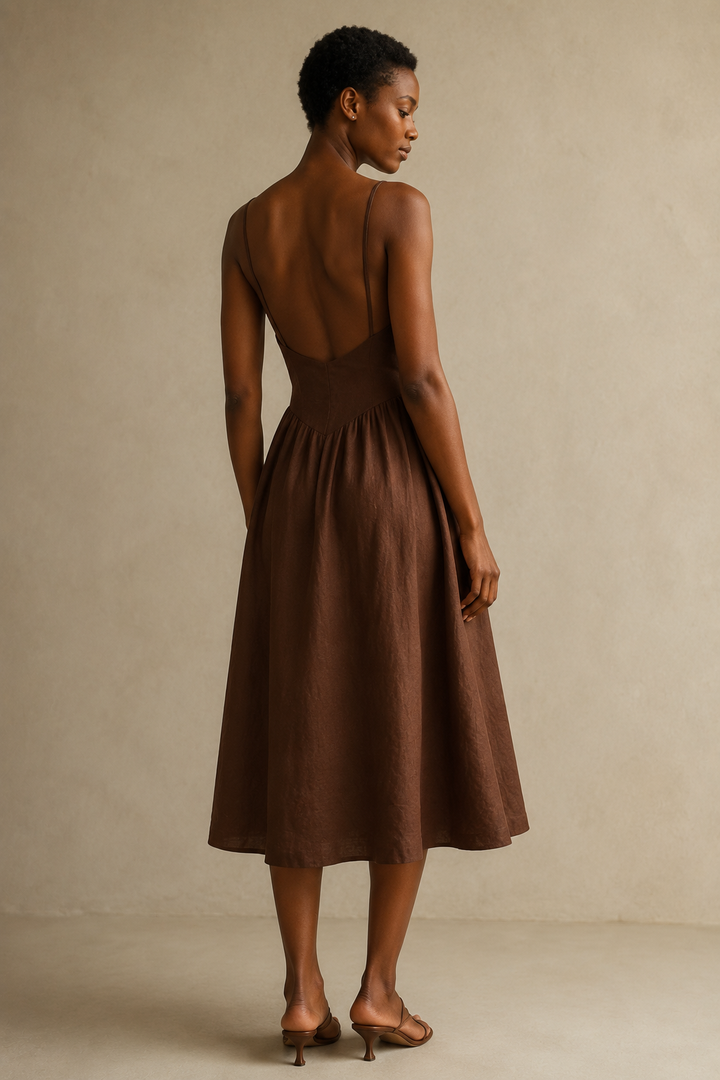 Brown linen a-line midi dress, back view, fitted bodice and skirt release