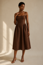 Brown linen a-line midi dress, full front view, a-line skirt and spaghetti straps
