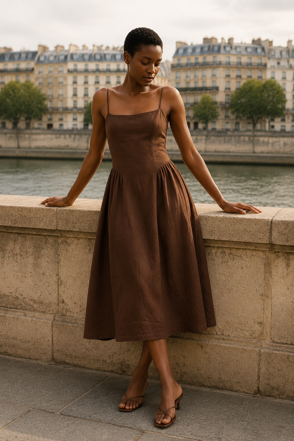 Brown linen a-line midi dress, front view, straight neckline and fitted bodice