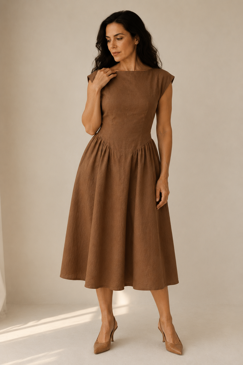 Brown linen a-line midi dress, full front view, clean square neckline and flowing skirt