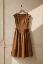 Brown linen a-line midi dress, hanging on wooden hanger against plaster wall