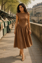 Brown linen a-line midi dress, lifestyle, quiet moment in natural light