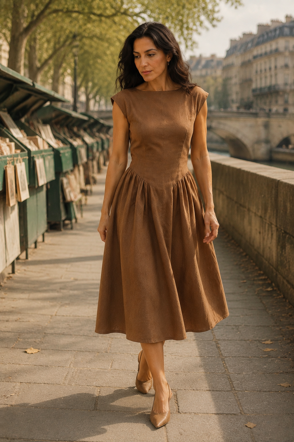 Brown linen a-line midi dress, lifestyle, quiet moment in natural light