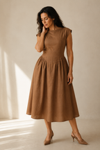 Brown linen a-line midi dress, three-quarter view, cap sleeves and full skirt volume