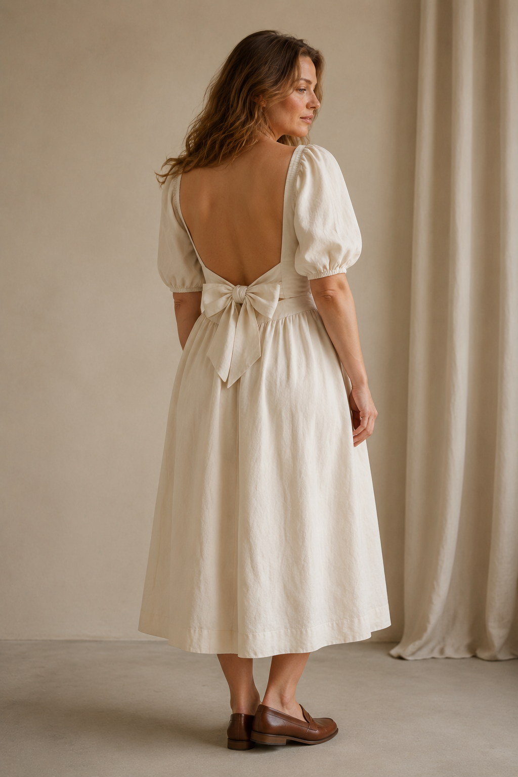 Ivory linen a-line midi dress, back view, open back with voluminous tie bow