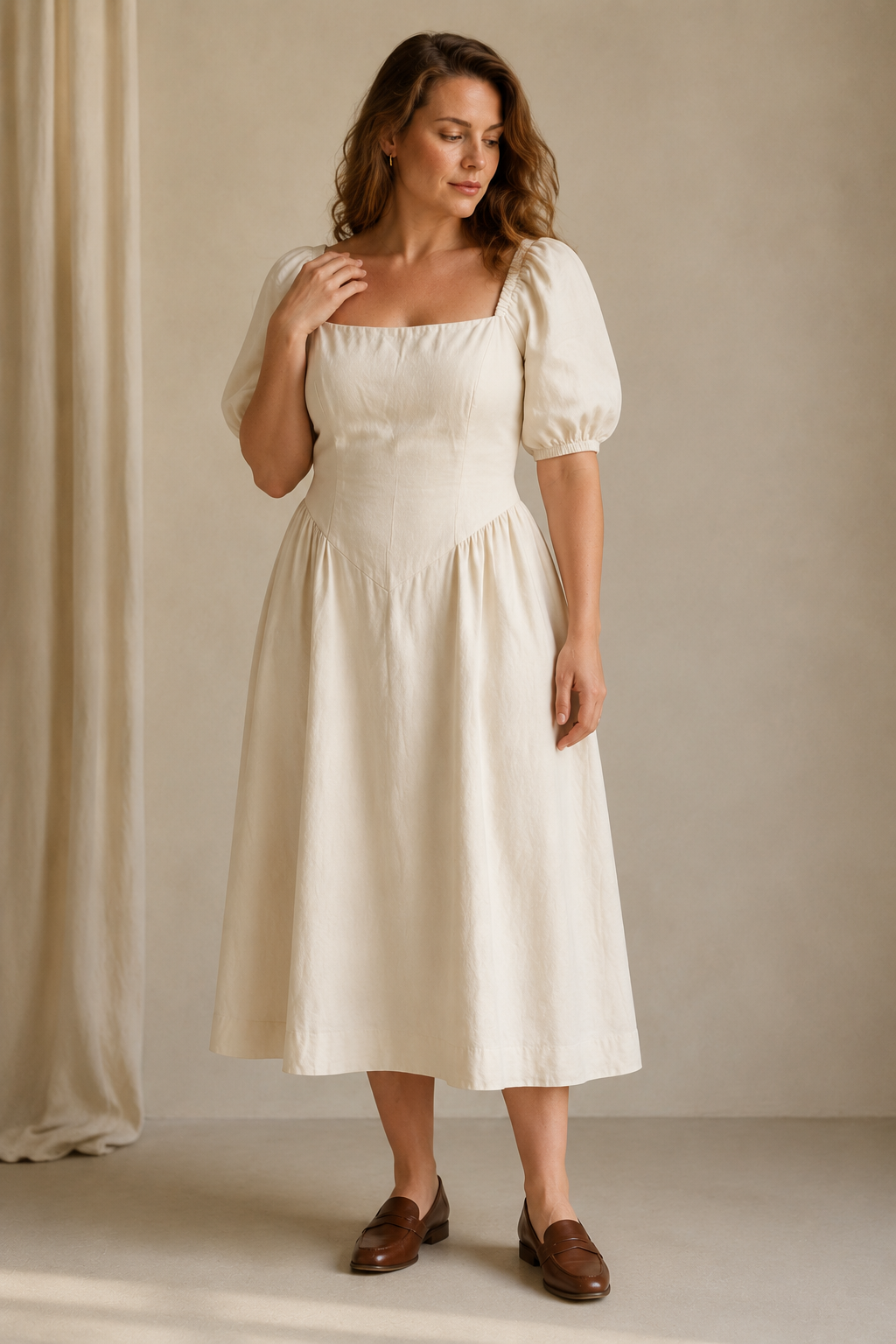 Ivory linen a-line midi dress, full front view, square neckline and smooth bodice