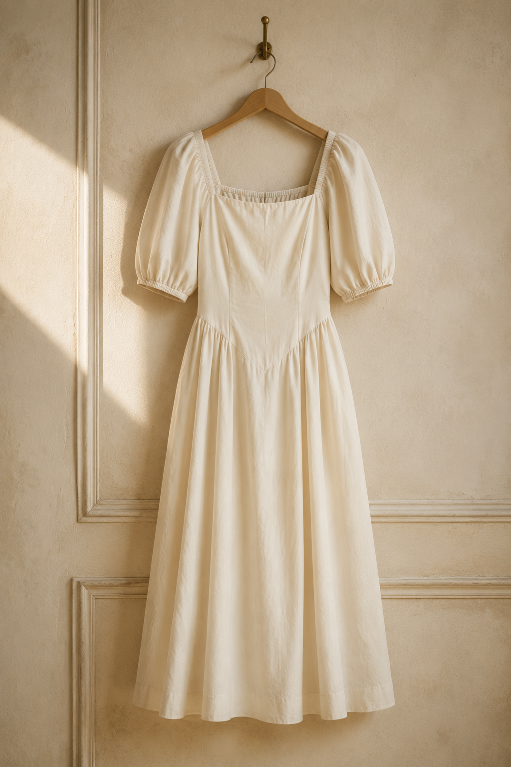 Ivory linen a-line midi dress, hanging on wooden hanger against plaster wall