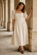 Ivory linen a-line midi dress, front view, open back with large tie bow