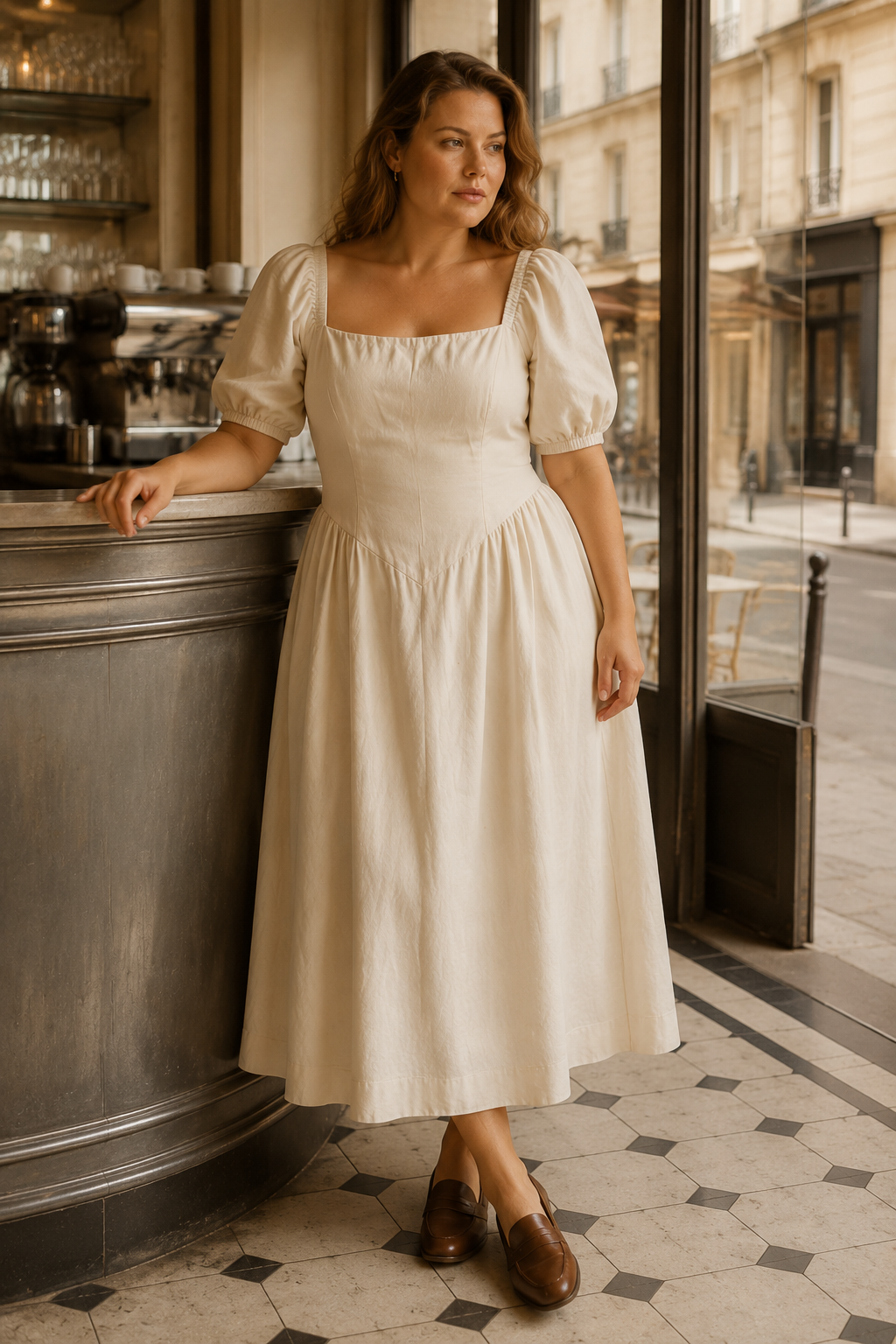 Ivory linen a-line midi dress, lifestyle, sunlit afternoon stroll