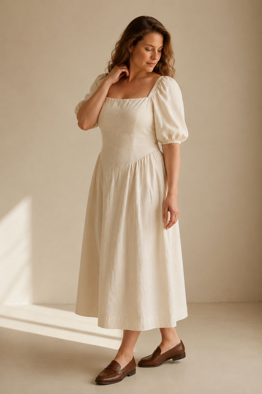 Ivory linen a-line midi dress, three-quarter view, puff sleeves and gathered A-line skirt