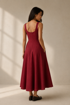 Red linen a-line midi dress, back view, wide straps and relaxed skirt