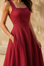 Red linen a-line midi dress, fabric detail, flax weave in raking light