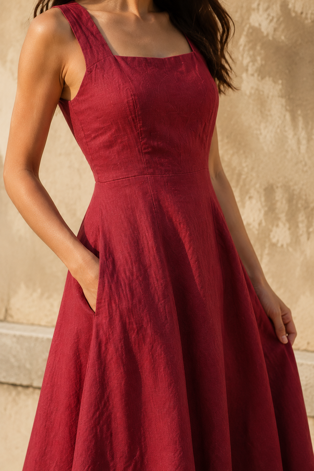 Red linen a-line midi dress, fabric detail, flax weave in raking light