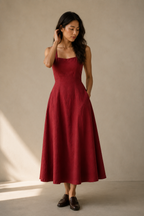 Red linen a-line midi dress, full front view, fitted bodice and full A-line skirt