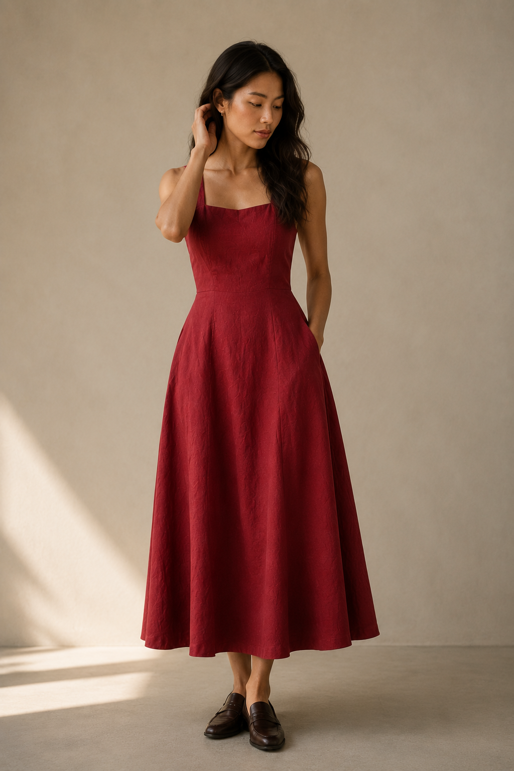Red linen a-line midi dress, full front view, fitted bodice and full A-line skirt