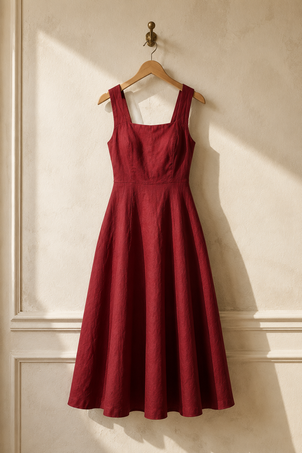 Red linen a-line midi dress, hanging on wooden hanger against plaster wall