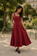 Red linen a-line midi dress, front view, square neck and flowing A-line skirt