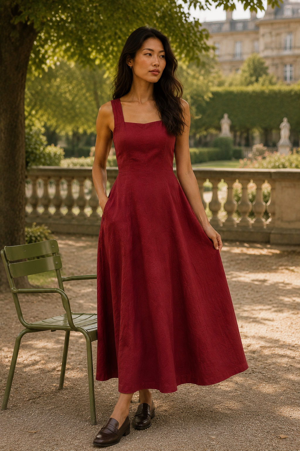 Red linen a-line midi dress, lifestyle, sunny walk on a textured path