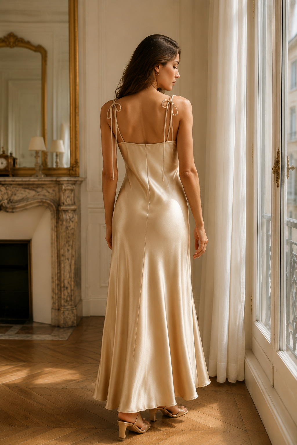 Champagne silk slip midi dress, back view, clean lines and soft drape
