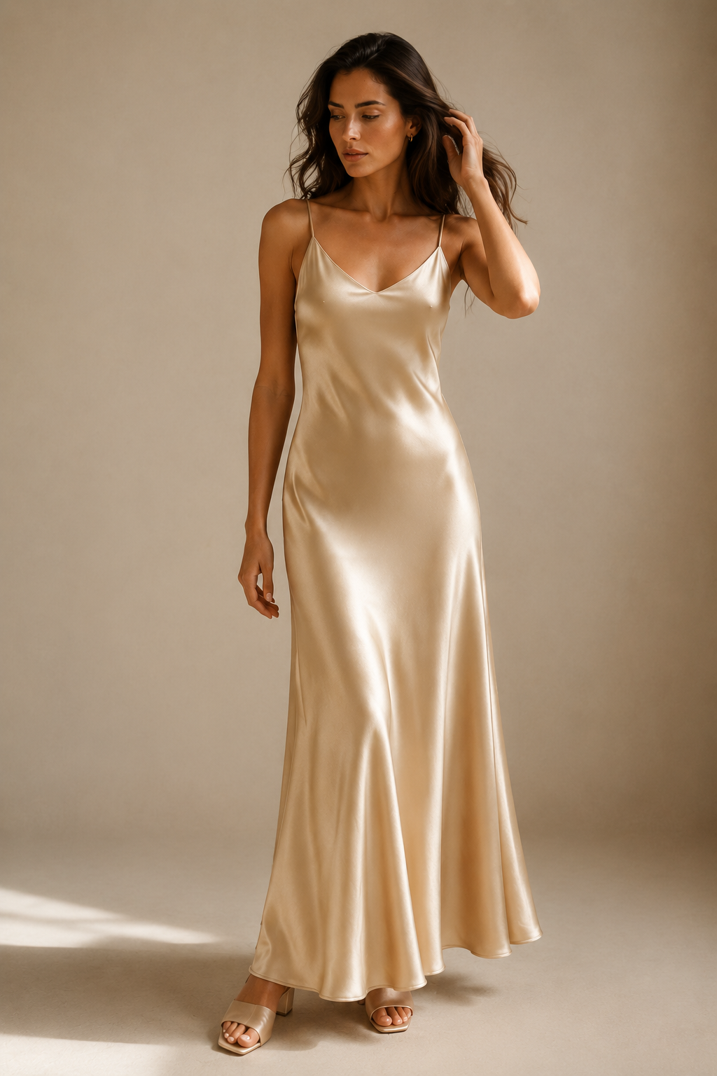 Champagne silk slip midi dress, full front view, smooth silk and bias cut drape