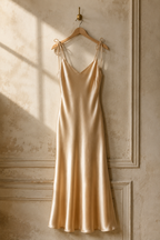 Champagne silk slip midi dress, hanging on wooden hanger against plaster wall
