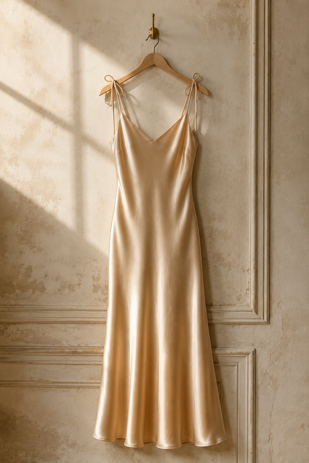 Champagne silk slip midi dress, hanging on wooden hanger against plaster wall