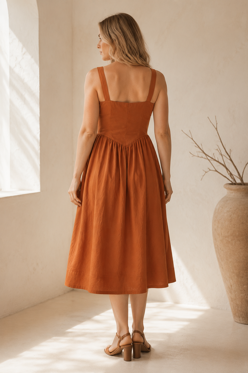 Rust linen a-line midi dress, back view, structured bodice and gathered skirt