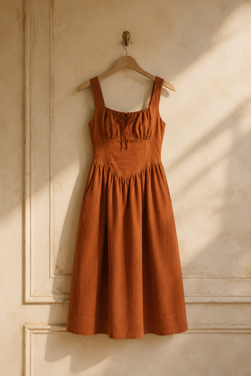Rust linen a-line midi dress, hanging on wooden hanger against plaster wall
