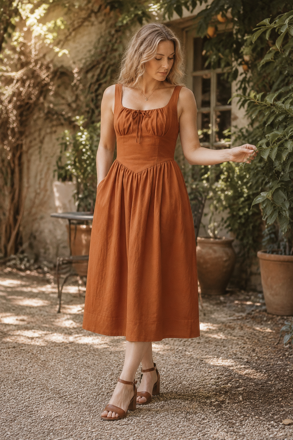 Rust linen a-line midi dress, front view, square neckline and front tie detail