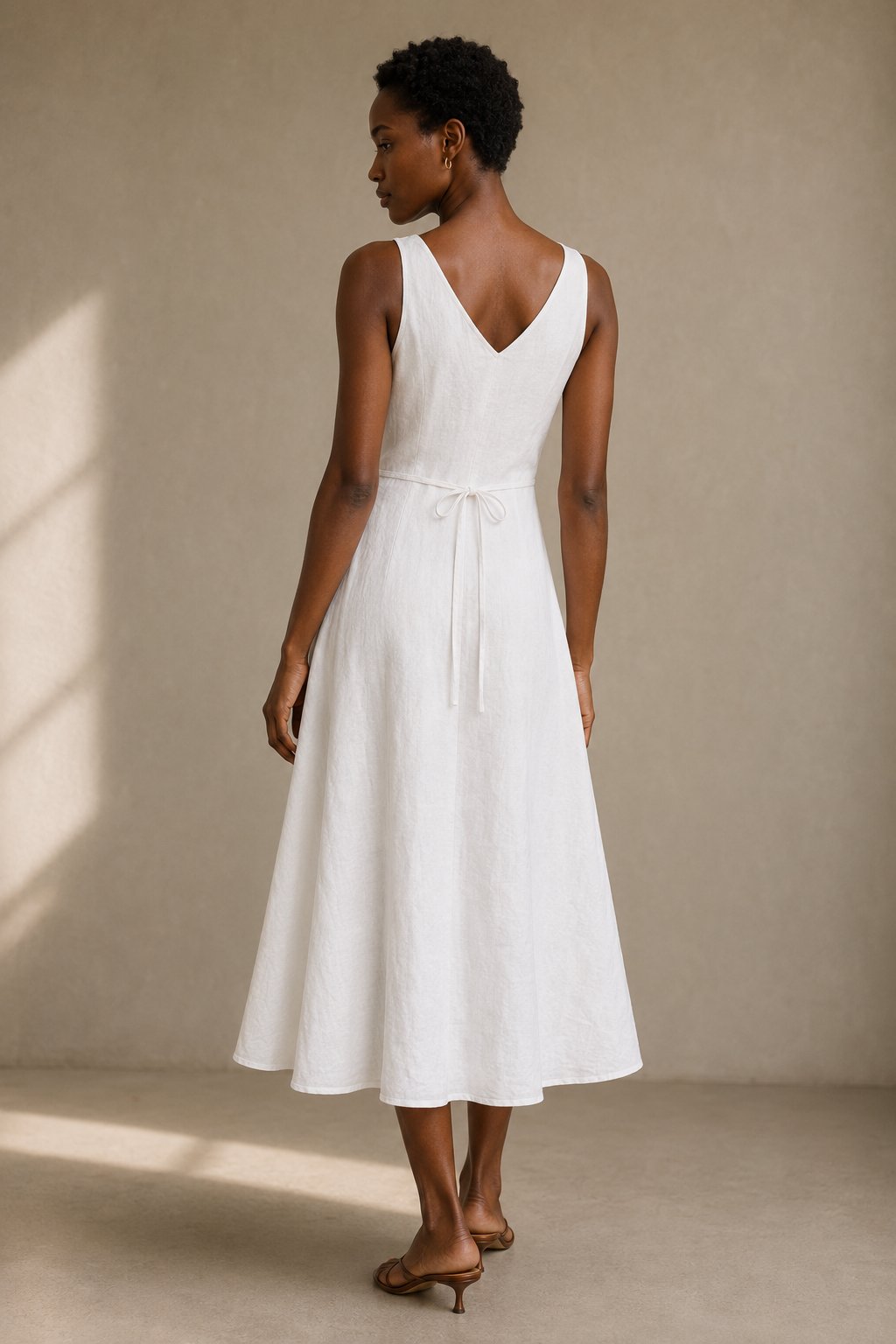 White linen a-line midi dress, back view, smooth back, subtle skirt movement