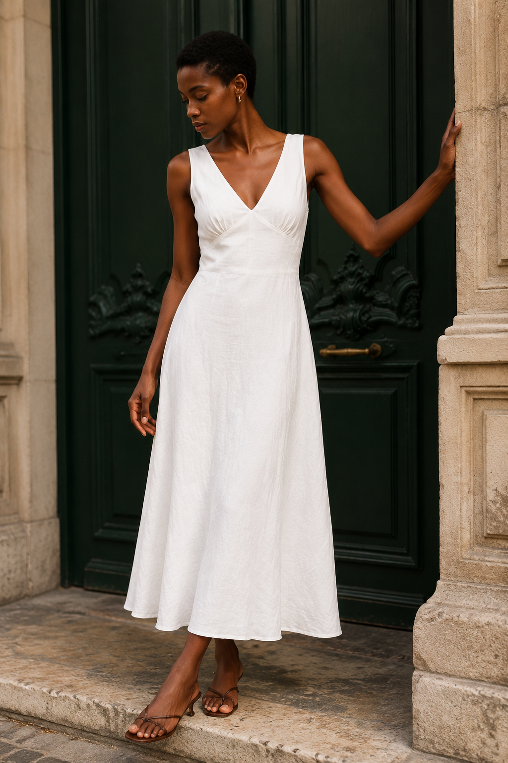 White linen a-line midi dress, front view, v-neck and A-line midi silhouette