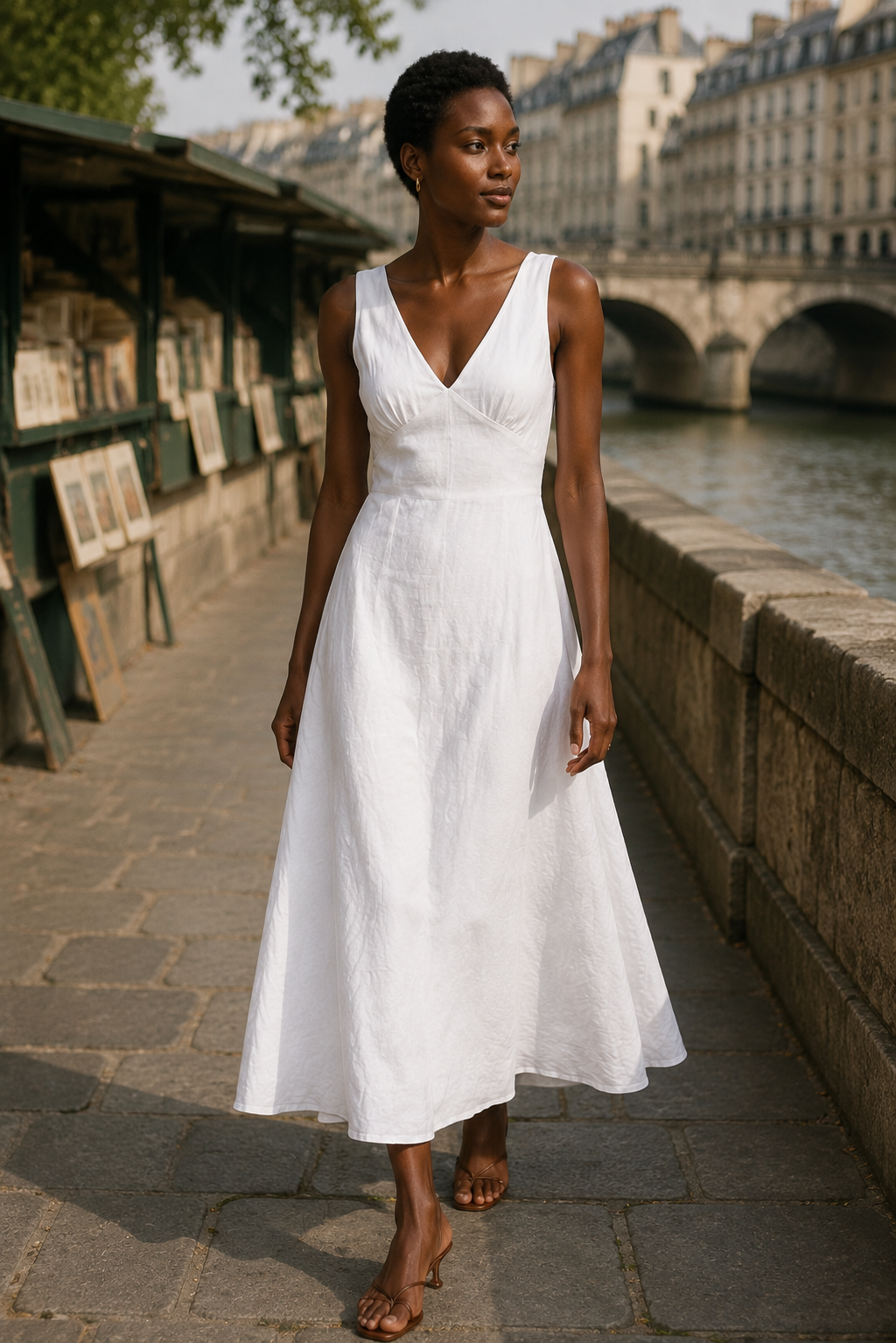 White linen a-line midi dress, lifestyle, strolling on a sunlit afternoon