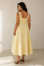 Butter yellow linen a-line midi dress, back view, fitted back, concealed zipper