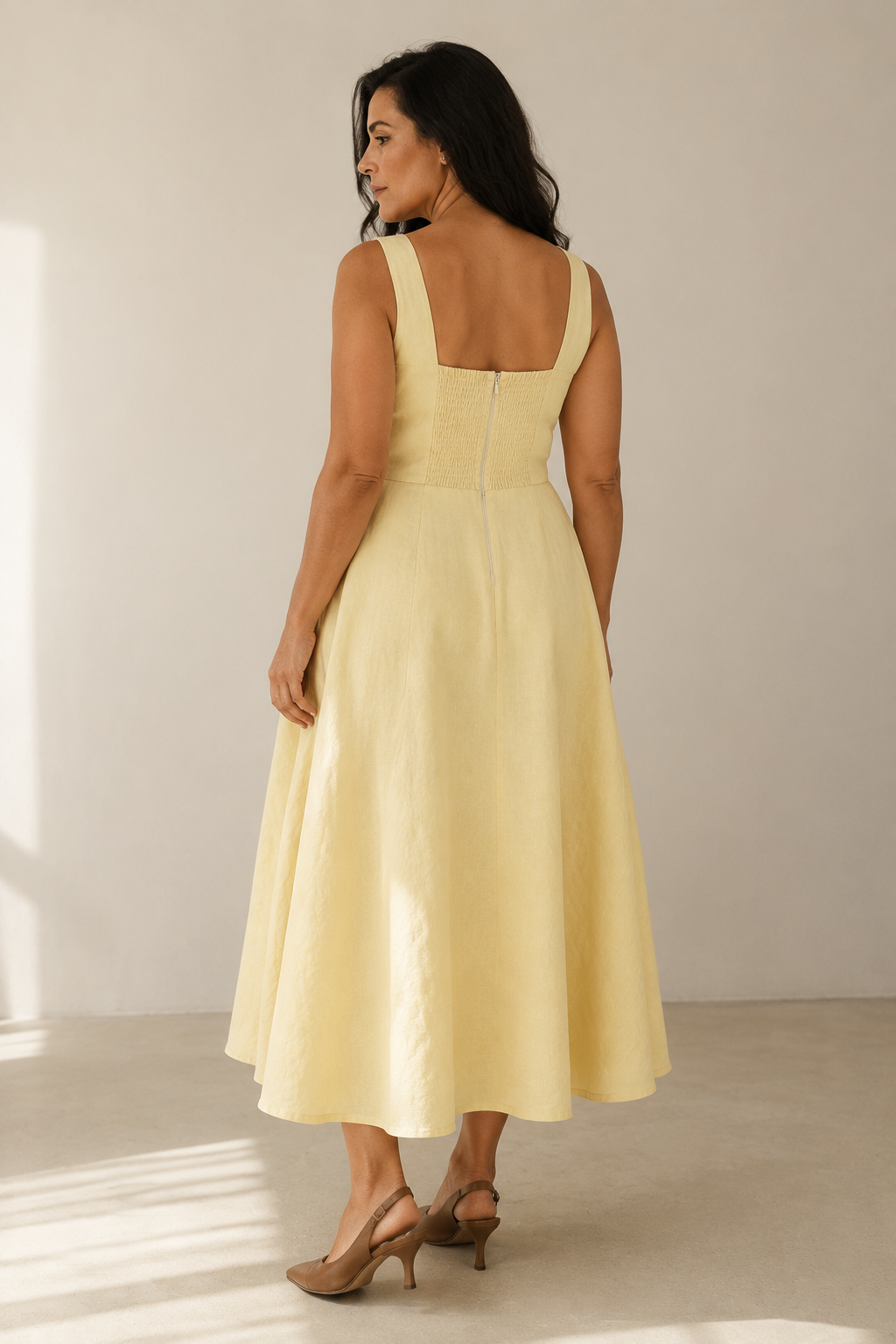 Butter yellow linen a-line midi dress, back view, fitted back, concealed zipper