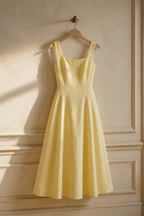 Butter yellow linen a-line midi dress, hanging on wooden hanger against plaster wall