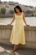 Butter yellow linen a-line midi dress, front view, square neck, A-line midi skirt