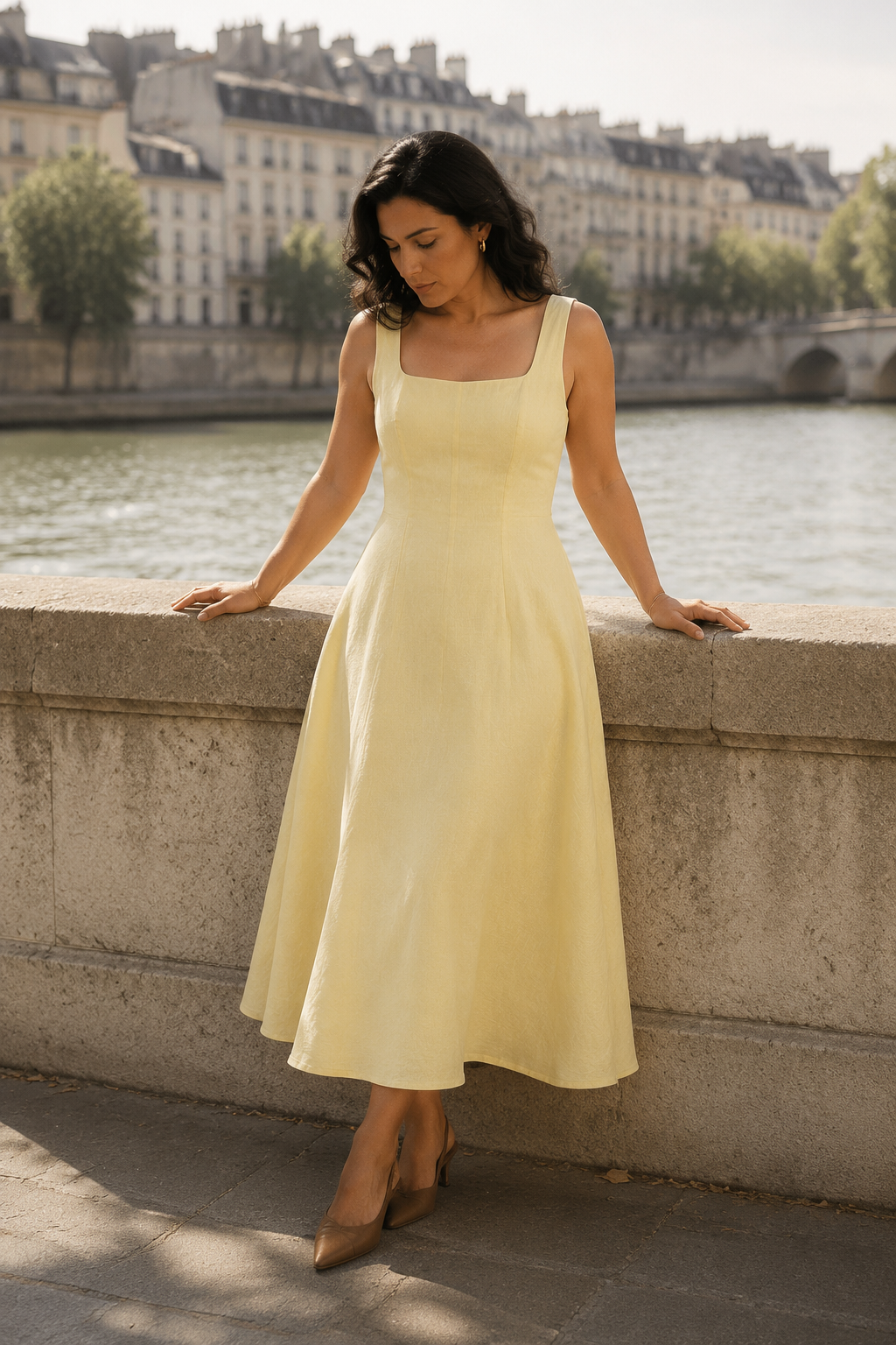 Butter yellow linen a-line midi dress, front view, square neck, A-line midi skirt
