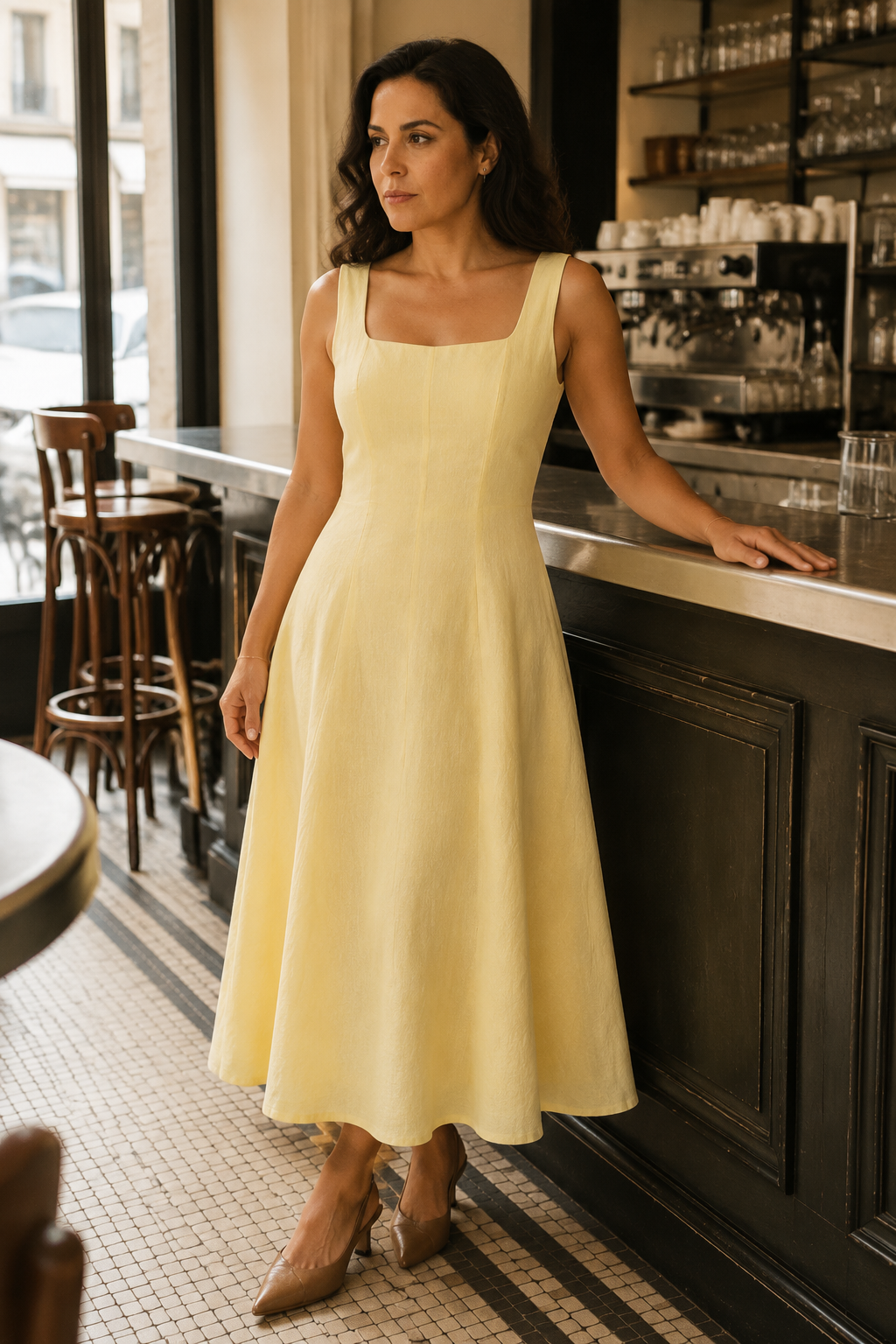 Butter yellow linen a-line midi dress, lifestyle, sunlit steps, quiet morning