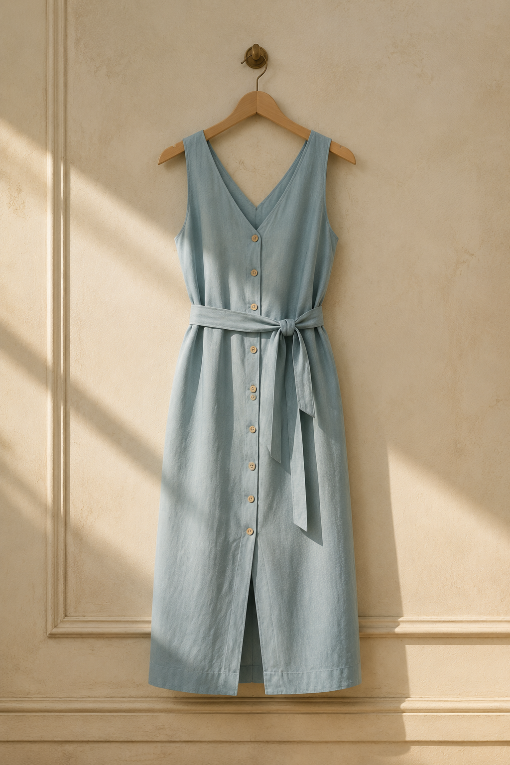 Light blue linen column midi dress, hanging on wooden hanger against plaster wall